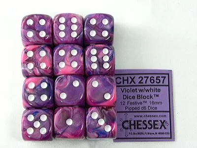 Produktbild von Chessex Festlich Violett Weiß D6 16mm Würfelset 12 Stück