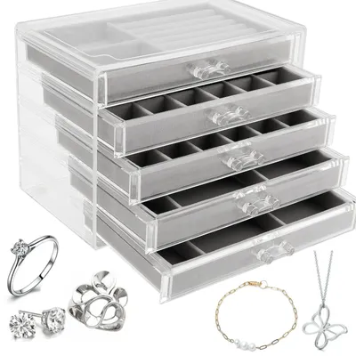 Imagen del producto de Caja organizadora de joyería de 5 compartimentos - Organizador de joyas - Estuche de terciopelo - Acrílico transparente - 23,7 x 17,5 x 15 cm - Ideal para anillos y collares - Organizador de joyas