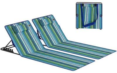 Produktbild von 2-teiliges Strandmatten-Set, faltbarer Strandstuhl mit verstellbarer Rückenlehne, Kopfstütze und seitlichen Aufbewahrungstaschen; 154 x 57 x 52 cm