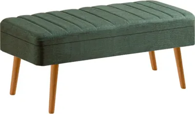 A green upholstered bench with wooden legs on a white background.