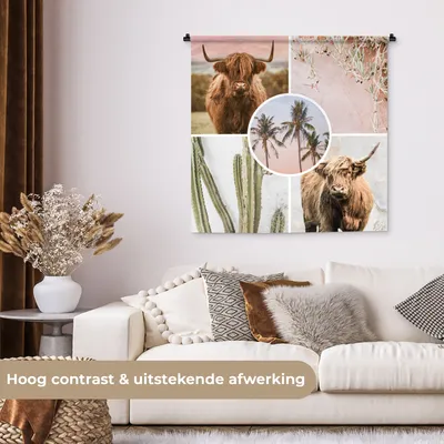 Produktbild von MuchoWow® Wandteppich Wandbehang Schottische Hochlandrind - Collage - Pflanzen 90x90 cm Tapisserie Dekoration Wandtuch - Wandaufhänger