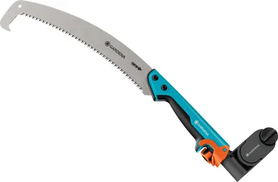 A Gardena pruning saw with a curved blade and a blue and orange handle, shown against a white background.
