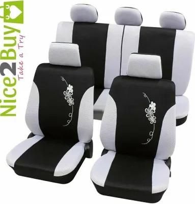 Produktbild von Auto Sitzbezüge Universal Komplett Set 17-teilig - Flower weiß, Eco Class mit SAB 1 Vario Plus | Autositzbezüge / Schonbezüge von PETEX