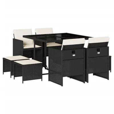 Produktbild von 9-tlg. Garten-Essgruppe mit Kissen Schwarz Poly Rattan