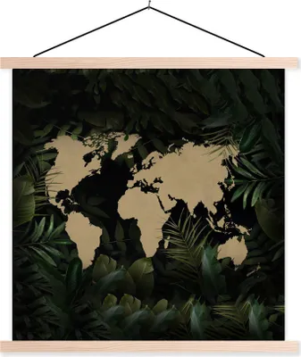 Produktbild von MuchoWow® Textilposter Weltkarte - Blumen - Tropische Pflanzen 60x60 cm mit holzfarbenen Rahmen - Wanddekoration