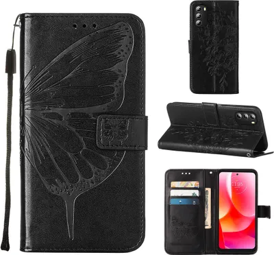 Produktbild von Moto G 5G 2022 Hülle, Schmetterling Prägung Flip Leder Kartenfächer Schutzhülle Ledertasche mit Ständer für Motorola Moto G 5G 2022 Schwarz