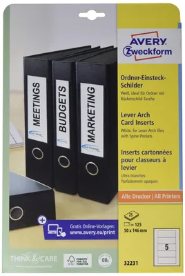 Produktbild von AVERY Zweckform 32231 Ordner-Einsteckschilder (50 x 146 mm auf DIN A4, für breit
