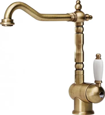 A classic bronze kitchen faucet with a white handle, isolated on a white background.