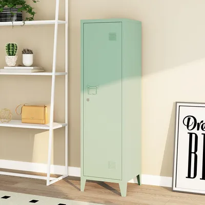 A pastel green metal locker stands next to a white shelf unit with plants and a purse on it.