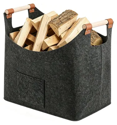 Image de Panier en feutre épais de 60 litres, pliable, avec une poignée en cuir renforcée, idéal pour le bois de cheminée