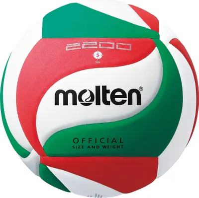 A Molten V5M2200 volleyball with red, white, and green panels.