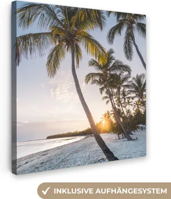 Zdjęcie produktu dla MuchoWow® - Obraz na płótnie - Plaża - Zachód słońca - Palma, fototapeta, dekoracja ścienna, obrazy do salonu, 90x90cm