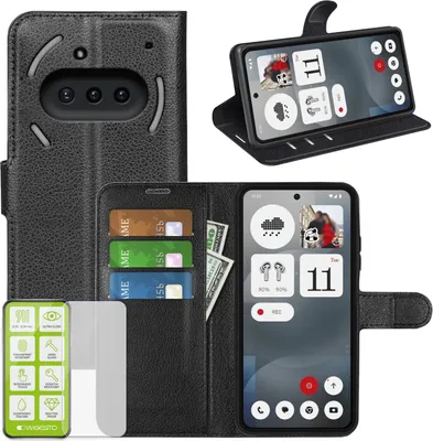 Image de Étui de téléphone en similicuir de type « Book Wallet » pour Nothing Phone 3a, noir + verre trempé 9H