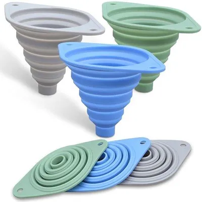 Immagine prodotto di Set di 3 imbuti pieghevoli in silicone Unyqoos® – adatti al contatto con gli alimenti e lavabili in lavastoviglie, altezza 7,5 cm, diametro 8 cm, resistenti da -40 °C a 240 °C – ideali per bottiglie e bicchieri
