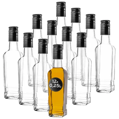 Produktbild von KADAX Leere Glasflaschen 250ml, 12er Set, Likörflaschen mit Schraubverschluss für Whisky, Flaschen zum Befüllen von Schnaps, Whisky & Wein, Schnapsflaschen aus Glas