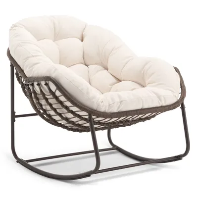 Produktbild von Übergroß Schaukelstuhl mit PE-Rattan-Geflecht, 15 cm dickem Olefin-Fleece-Kissen, für Innen- und Außenbereich, Stilvolle Eierschalenform, Weiß