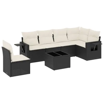 Produktbild von Modulares Garten-Sofaset, 7-teilig, mit Tisch, aus schwarzem Poly Rattan und Hartglas, UV-beständig, cremeweiße Kissen, abnehmbare Bezüge