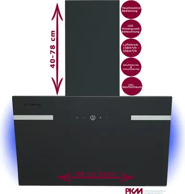 Produktbild von PKM Dunstabzugshaube 60cm Schwarz Glasschirm LED Hintergrundbeleuchtung Abluft