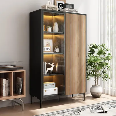 Image de Vitrine de 90x40x135 cm, avec 2 portes (dont 1 en verre), en MDF, vitrine d'exposition, meuble de rangement