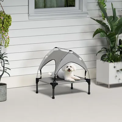 Produktbild von Hundebett mit Dach Outdoor, tragbar wasserabweisend, Hundeliege Campingbett, Hellgrau | 61 x 46 x 63 cm | bis 30 kg | Oxford-Plane