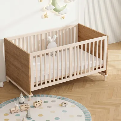 Produktbild von okwish Gitterbett 70×140 ×87 cm mit 5 verstellbaren Höhenstufen, Babybett mit Sicherheitsgeländer, Natur,ohne Matratze