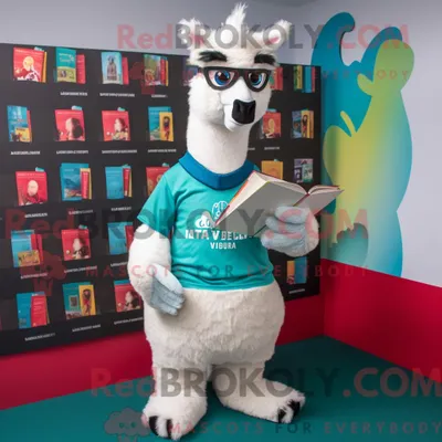 Produktbild von Türkisfarbenes REDBROKOLY Lama-Maskottchen-Kostüm mit Rugby-Shirt und Lesebrille