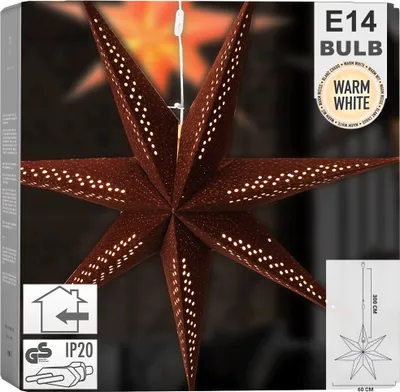 A brown star-shaped lantern with small white dots, hanging in front of a dark background.