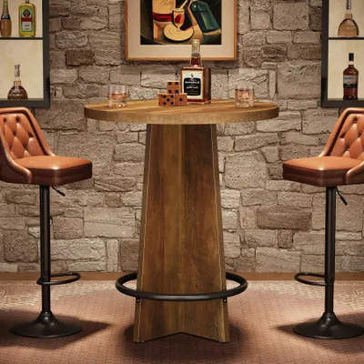 Image de Table ronde pour bar - Table haute de type bistro, 95 cm - Plateau en bois - Base en métal avec anneau - Idéale pour les bars, les cafés et la maison - Couleur : marron