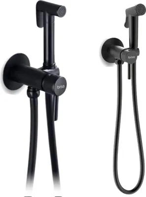 Two black bidet sprayers mounted on a white background.