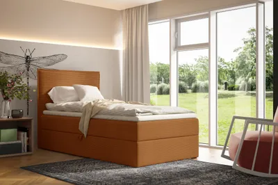 Produktbild von Boxspringbett 100x200cm POSSO von ANTONIO mit Bettkästen und Topperr, Einzelbett mit Bonell Federkernmatratze, Härtegrad H4, Jugendbett, Bezug - Cord in  Orangerot