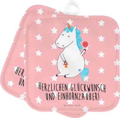 Produktbild von Mr. & Mrs. Panda Topflappen Einhorn Baby - Rot Pastell - Geschenk, Unicorn, Eltern, Ofenlappen, Set, Party, Geburtstag, Geburt, Einhörner, Kochlappen, topfhalter