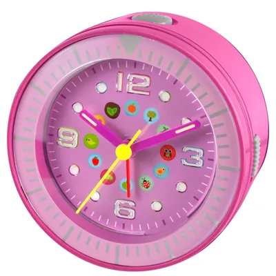 Produktbild von Kinder Wecker Lila Analog mit verspieltem Zifferblatt, LED-Beleuchtung pink, Snooze, AA-Batterie inkl., Kunststoffgehäuse, 96 x 75 mm