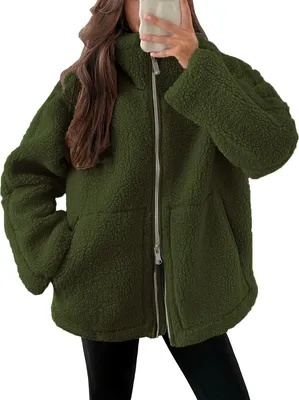 Produktbild von ASKSA Damen Teddy Fleece Jacke Warme Flanell Jacke Dicke Freizeit Winterjacke Einfarbig Fleecejacke mit Taschen Reissverschluss Wintermantel,Armeegruen,S