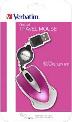 The image shows the retail packaging of a pink Verbatim Go Mini Optical Travel Mouse.