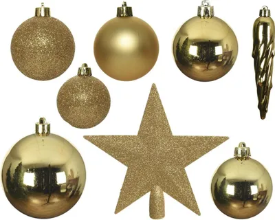 Produktbild von Goldenes Christbaumschmuck-Set 33-teilig, kindersicher, bruchsicher, dekorativ, Kunststoff