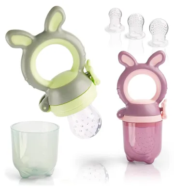 Produktbild von 2 Fruchtsauger Baby Häschen + 6 Silikon-Sauger in 3 Größen + 1 Baby-Zahnbürste | BPA-frei Schnuller | Beißring für Obst, Gemüse, Brei Beikost | 2er-Pack + Zahnbürste