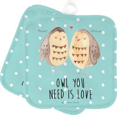 Produktbild von Mr. & Mrs. Panda Topflappen Eulen Liebe - Türkis Pastell - Geschenk, Topfuntersetzer, Eule, topfhalter, Set, Wortspiel, Owl, glücklich, Liebesspruch, Topflappenset