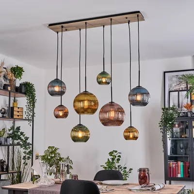 Produktbild von Cesaro Hängelampe Metall/Holz/Riffelglas, Schwarz/Natur/Grün/Blau/Gold/Kupfer