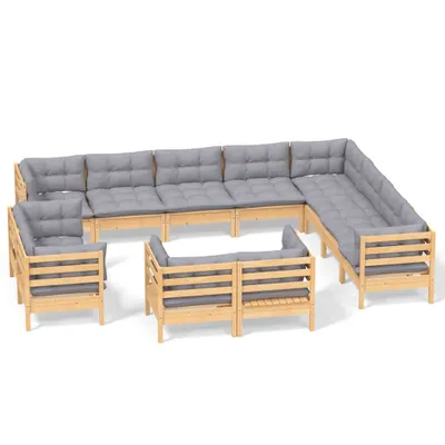 Produktbild von 12-tlg. Garten-Lounge-Set mit Grauen Kissen Massivholz Kiefer