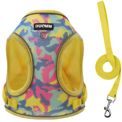 Image de Harnais Chien Anti-Traction Respirant Réfléchissant Réglable Léger avec Laisse et Anneau - Camouflage Jaune M