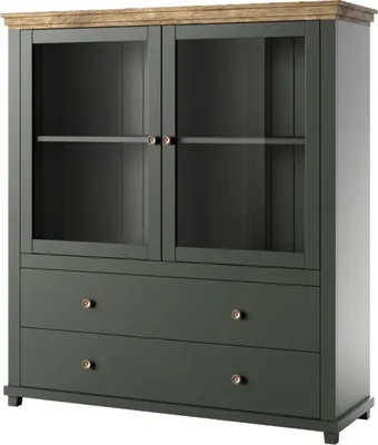 Produktbild von Furniture24 Vitrine Evora 46 mit 2 Türen und 2 Schubkästen, Grün, Landhaus möbel, Wohnzimmerschrank, Highboard, Vitrinenschrank ohne Beleuchtung