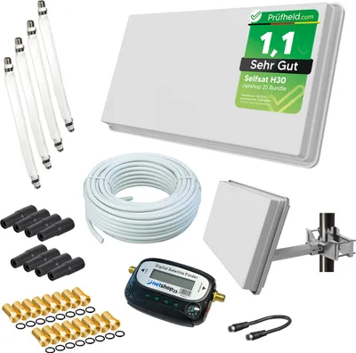 Produktbild von Selfsat H30D4+ Flachantenne Quad + 50m Kabel + Fensterhalterung + SAT-Finder + 4 Fensterdurchführung + 16 F-Stecker + 8 Wetterschutztüllen (Full HD 4K UHD Sat Anlage für 4 Teilnehmer) netshop 25 Set