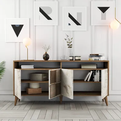 Image de Skye Decor, console moderne, noyer et marbre blanc, 160 x 78 x 35 cm | Panneau de particules 100 % mélaminé, épaisseur 18 mm | Avec de nombreuses étagères et un espace de rangement supplémentaire.