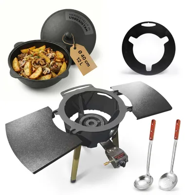 Produktbild von Outdoor Kochset Feuerstelle 36,5cm Gasbrenner Seitenablagen Kasan 12L Gusseisen