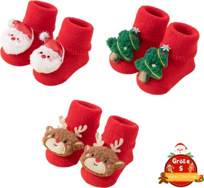 Produktbild von STILVORA Babysöckchen 3er Set, Weihnachts-Babysocken Anti-Rutsch, Perfekt für Festliche Anlässe, Bequem, Warm und Sicher für Kleine Füße, S