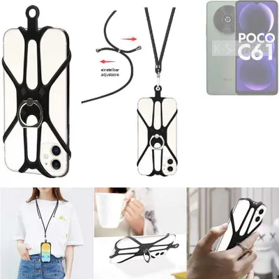 Produktbild von K-S-Trade 3in1 Handykette Handyband Handykordel Halsband Smartphone-Ring Handy-Ring kompatibel mit POCO C61 Fingerhalterung Handyring Tischständer