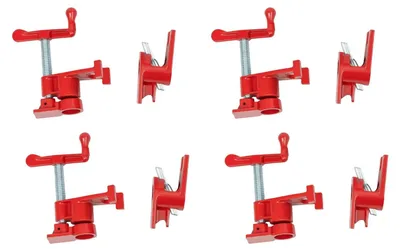 Obrázek produktu pro Sada svorek na trubky – 3/4 palce (1,9 cm) – 4 kusy. Obsahuje rychloupínací mechanismus, je vyrobena z litiny, má protiskluzové nožičky a je vhodná pro práci s dřevem a kovovými trubkami. Barva: červená