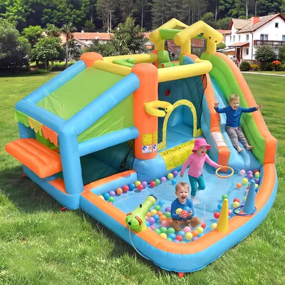 Produktbild von Flieks Aufblasbare Hüpfburg mit Gebläse, 6-in-1-Hüpfburg Wasserpark mit Rutsche, Spielpool Hüpfschloss Outdoor, 360x350x210cm, Blau
