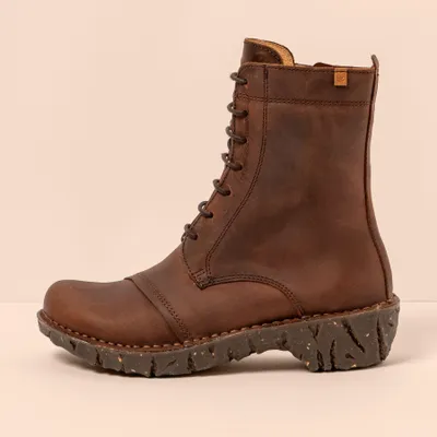 A single brown leather boot is shown against a light gray background.