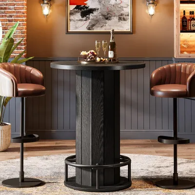 Obrázok produktu pre Tribesigns okrúhly barový stôl, výška 100 cm, drevený bistro stôl s kovovou podnožou na krúžky pre jedáleň, kaviareň, malé miestnosti, čierny